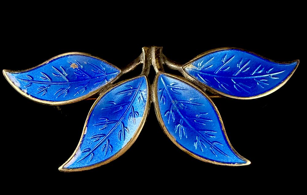 David Andersen Willy Winnaess Norwegian Sterling Silver and Blue Guilloche Enamel Leaf Brooch. Th 