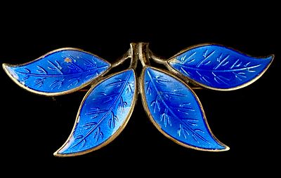 David Andersen Willy Winnaess Norwegian Sterling Silver and Blue Guilloche Enamel Leaf Brooch. Th 