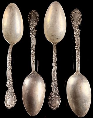 Four Gorham Sterling Silver Ornate Spoons 8.2 Ozt. Four sterling silver spoons by Gorham 