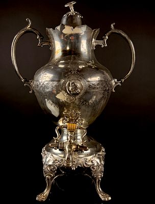 American Victorian Medallion Style Silver-Plated Hot Water Urn by I. T. Rice. An American 