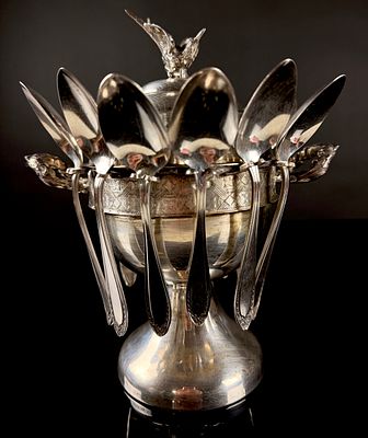 Victorian Rogers Silver Quadruple Plate Sugar Bowl and Spooner with Twelve Oneida Community Spoons. 