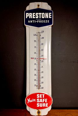 Porcelain Prestone Anti-Freeze Advertising Thermometer. porcelain advertising thermometers for 