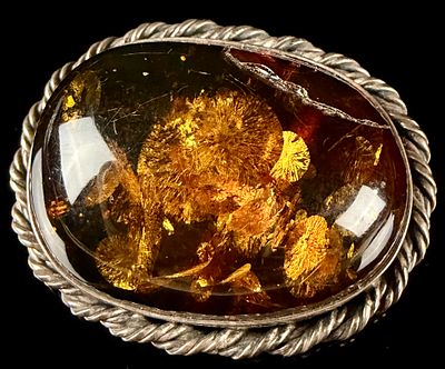 Vintage Baltic Amber and Sterling Silver Oval Rope Twist Brooch. This vintage brooch features a 