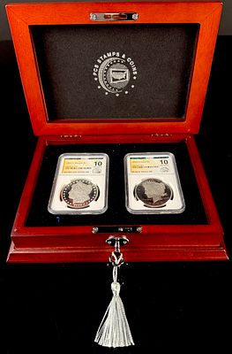 A Pair of US 2023-S Proof Morgan and Peace Silver Dollars, NGCX 10 Ultra Cameo, PCS Stamps & Coins. 