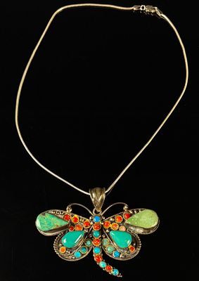 LW 925 India Sterling Silver Multi-Stone Butterfly Pendant Necklace. This sterling silver 