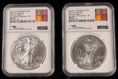A Group of 2021(P) US American Silver Eagle $1 Coins MS 70 NGC Emergency Production Heraldic 