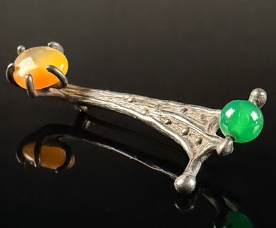 Modernist Sterling Silver Organic Branch Form Brooch with Green and Honey-Orange Gemstones. This 