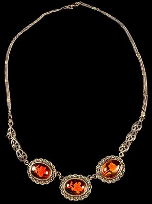 Art Deco Style Sterling Silver and Marcasite Festoon Necklace with Reverse Carved Amber Glass 