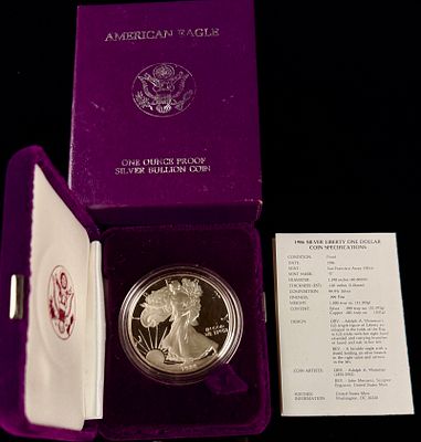 1986-S US American Silver Eagle Proof 1 oz Fine Silver Coin. This 1986-S US American Silver 