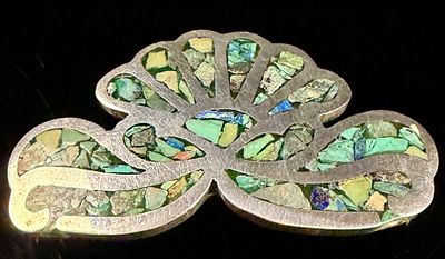 Mexican Taxco Sterling Silver and Multi Stone Mosaic Inlay Fan Brooch Pendant TA-117. This is a 