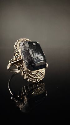 Vintage Art Deco Style Sterling Silver Marcasite and Emerald Cut Black Stone Cocktail Ring. A 