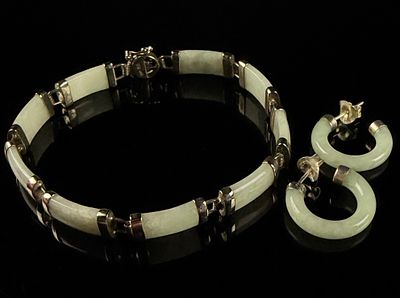 A Sterling Silver and Green Jade Good Fortune Bracelet and a Pair of Matching Hoop Earrings. A 
