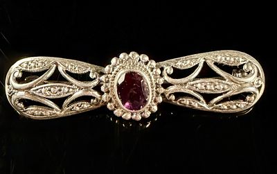 Vintage Sterling Silver Amethyst and Marcasite Filigree Bar Brooch. This sterling silver bar 