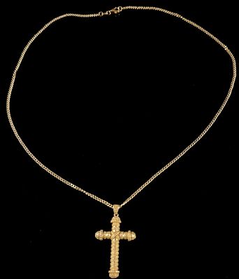 Yellow Gold Plated Sterling Silver FZN Rope Cross Pendant Necklace. A yellow gold-plated 