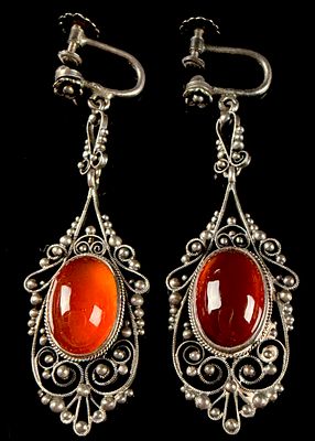A Pair of Vintage Italian Sterling Silver Filigree and Carnelian Drop Earrings. This is a 