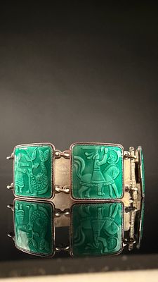 David-Andersen Norwegian Saga Series Sterling Silver and Green Enamel Link Bracelet. A 