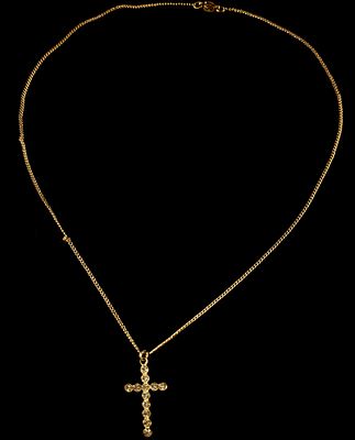 12 Karat Gold-Filled Curb Link Necklace with Rhinestone-Set Cross Pendant. This necklace 