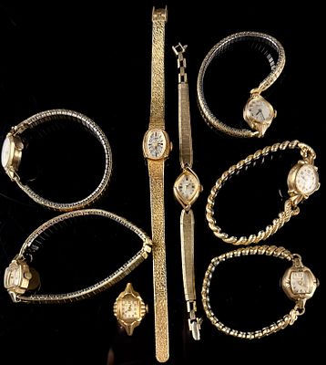 A collection of vintage ladies wristwatches including Bulova, Elgin, Wittnauer, and Timex. A 