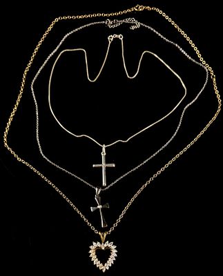 Three Sterling Silver and Gold-Tone Pendant Necklaces with Cross and Heart Motifs. This lot 