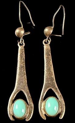 A Pair of Mexican Sterling Silver and Cabochon Drop Earrings marked PCM. A pair of sterling 