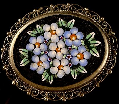 Vintage Italian Micro-Mosaic Floral Brooch in Silver-Tone Filigree Frame. This vintage Italian 