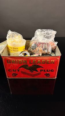Vintage Union Leader Cut Plug Tobacco Tin with Assortment of Buttons and Notions. A vintage 