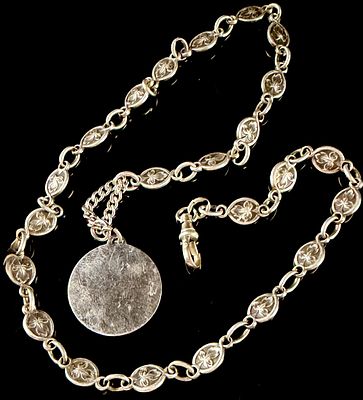 Silver-Toned Foliate Link Necklace with Swivel Clasp and Circular Pendant. A silver-toned 