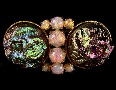 Vintage Germany U.S. Zone Iridescent Lava Glass and Faux Dragon Breath Opal Brooch. This vintage 