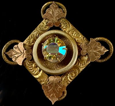 Victorian 1/20 12K Gold Filled Rhombus Brooch with Aurora Borealis Rhinestone. Victorian brooch 