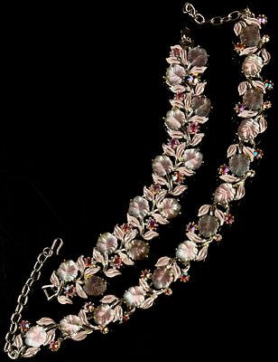 A Pair of Mid-Century Costume Jewelry Items Featuring Frosted Glass Leaves and Aurora Borealis 