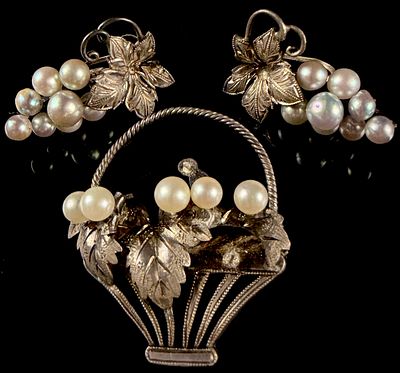 A Trio of Sterling Silver and Cultured Pearl Jewelry Pieces. This mid-century jewelry suite 