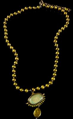 Sterling Silver Beaded Necklace with Green Cabochon and Pearl Pendant. This beaded necklace is 