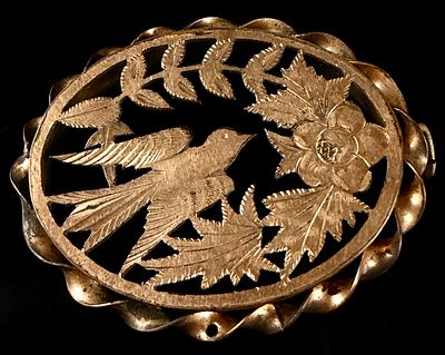 Victorian Gold Tone Openwork Bird and Flower Pin. A Victorian oval openwork pendant Missing the 