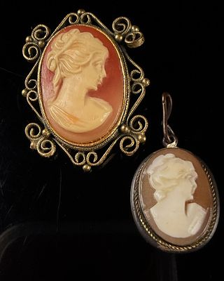 Two Vintage Cameo Jewelry Items Including a Brooch and a Pendant. This lot consists of two 