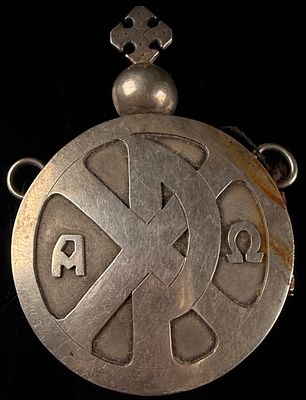 Sterling Silver Liturgical Pocket Pyx with Chi-Rho and Alpha-Omega Monogram. This sterling 