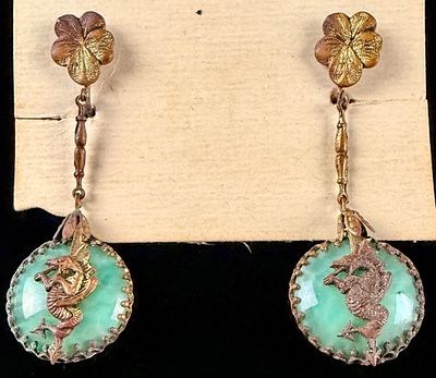 A Pair of Early 20th Century Art Nouveau Style Drop Earrings with Seahorse Motif and Green 