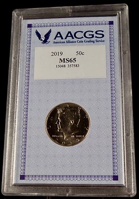 2019 US Kennedy Half Dollar, AACGS MS65. 2019 US Kennedy half dollar. The coin features the 