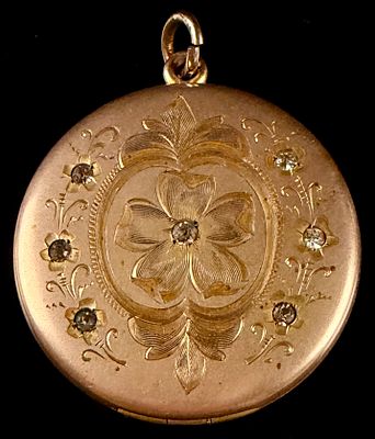 Antique Wightman and Hough Co. Gold Filled Engraved Paste Set Photo Locket. A circular 