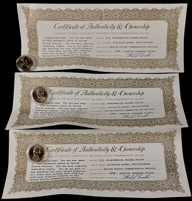 Three US 2010 Abraham Lincoln Presidential Dollar Coins. Three US Presidential Golden Dollar 