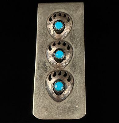 Navajo Style Turquoise and Silver Toned Bear Paw Shadowbox Money Clip. This Navajo style money 