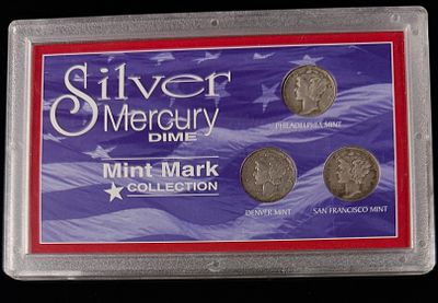 Three US Silver Mercury Dimes Mint Mark Collection. Three US silver Mercury dimes representing 