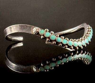 Zuni Sterling Silver and Snake Eye Turquoise Bypass Cuff Bracelet, B.M.E. This sterling silver 
