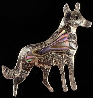 Mexican Sterling Silver and Abalone Wolf Pin. A vintage Mexican sterling silver brooch crafted 