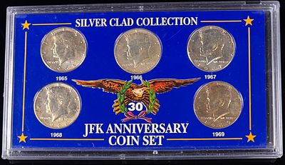 A Set of 1965-1969 US JFK Anniversary Silver Clad Kennedy Half Dollars. This set, titled Silver 