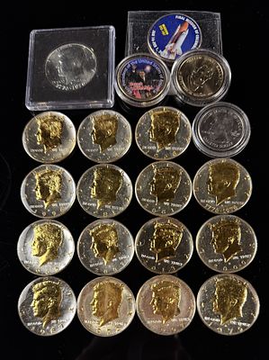 A Collection of US Kennedy Half Dollars and Commemorative Coins including Gold-Plated Issues. Thi 