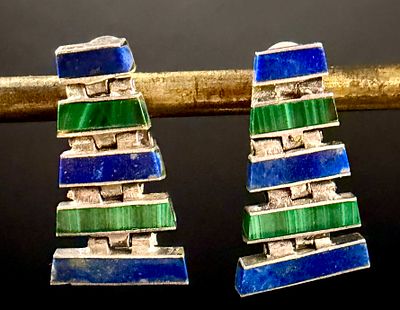 A Pair of Modernist Sterling Silver Lapis Lazuli and Malachite Articulated Clip-On Earrings. A 