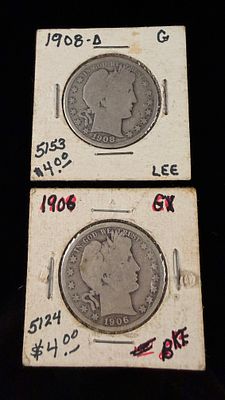 A Pair of US Silver Barber Half Dollars, 1906 and 1908-D. This lot comprises a pair of US Barber 