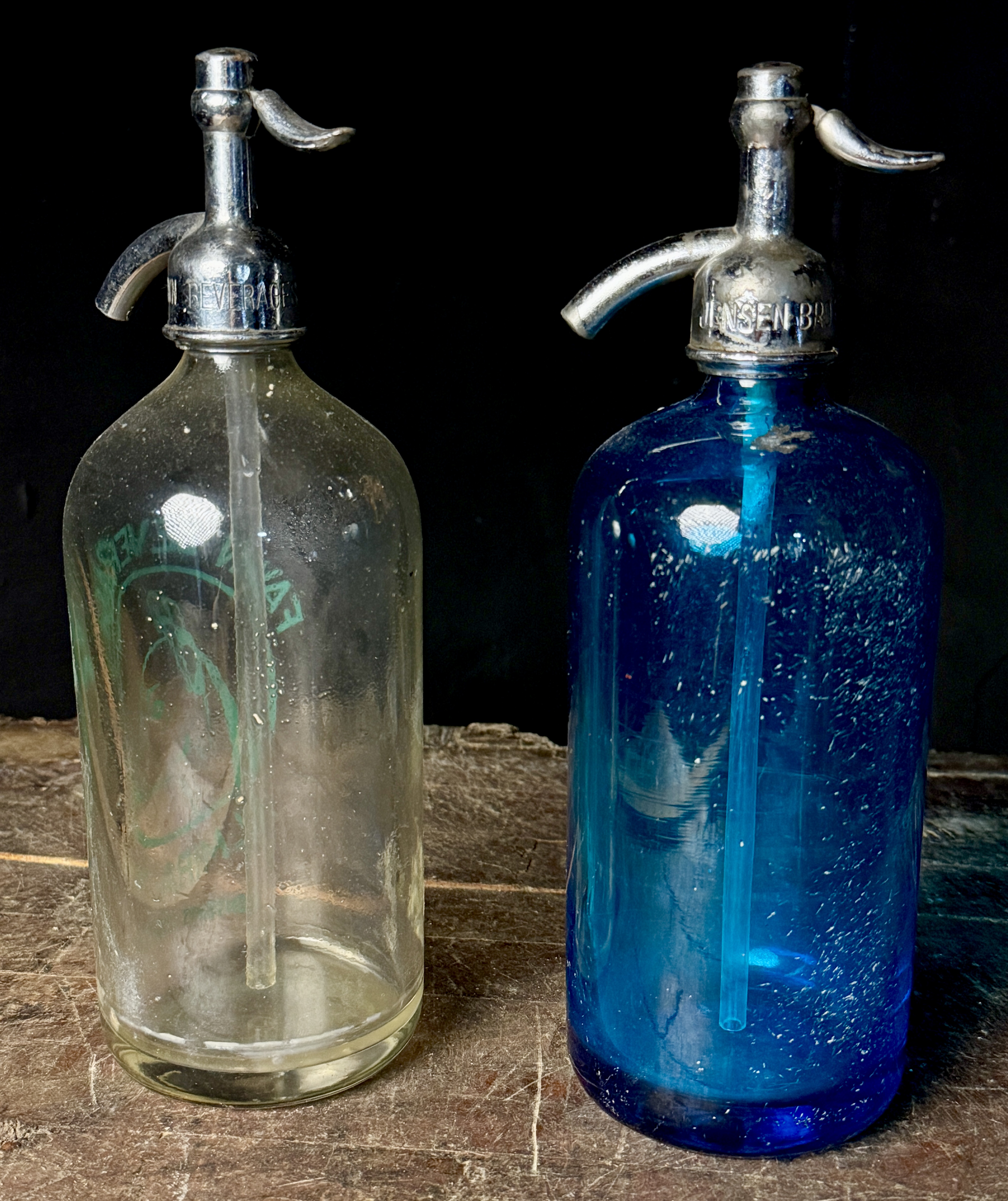 Two Vintage New York Glass Seltzer Siphon Bottles including Fawn Beverages and Jensen Beverages