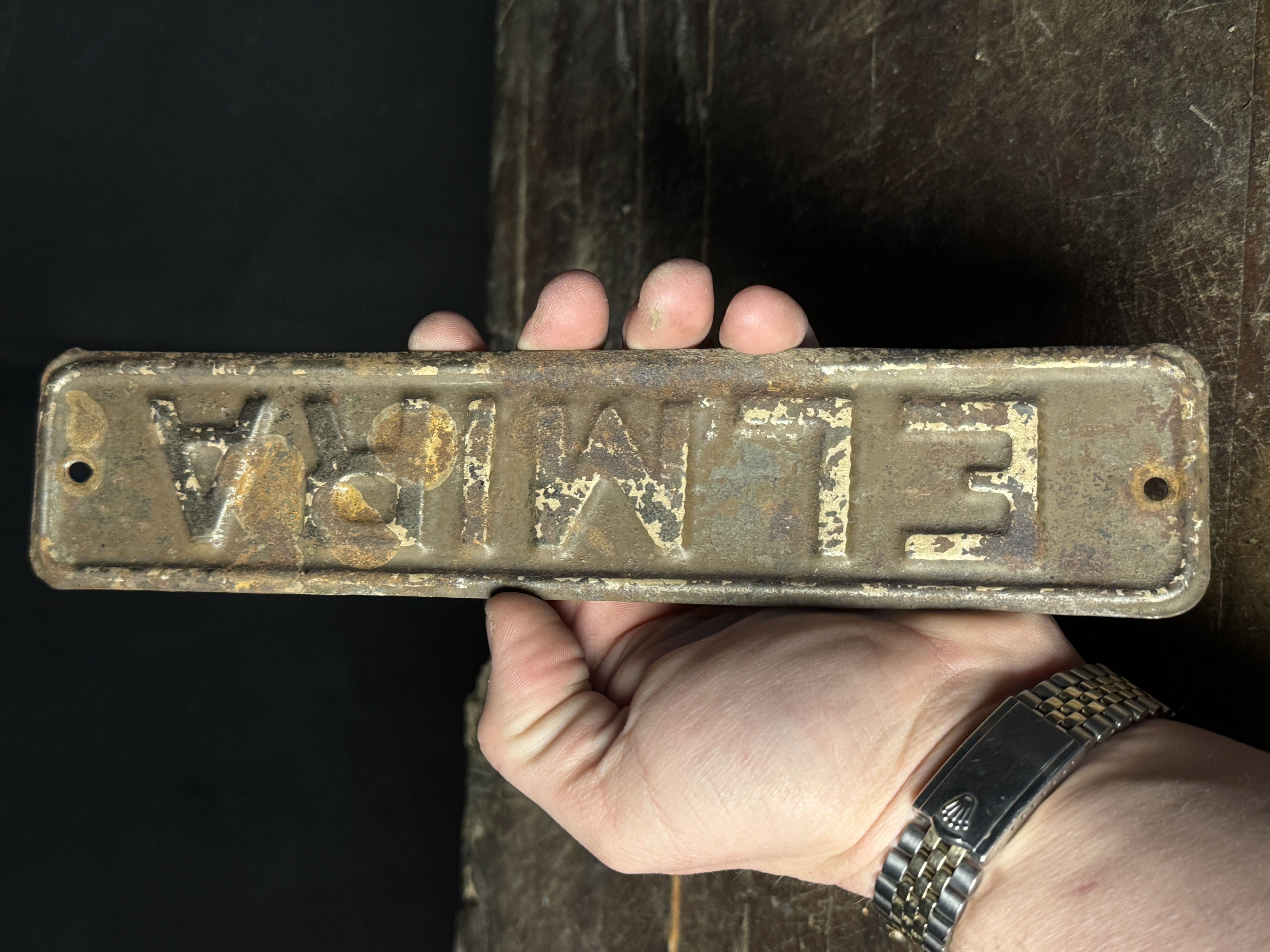 Vintage Embossed Metal Elmira Nameplate Sign