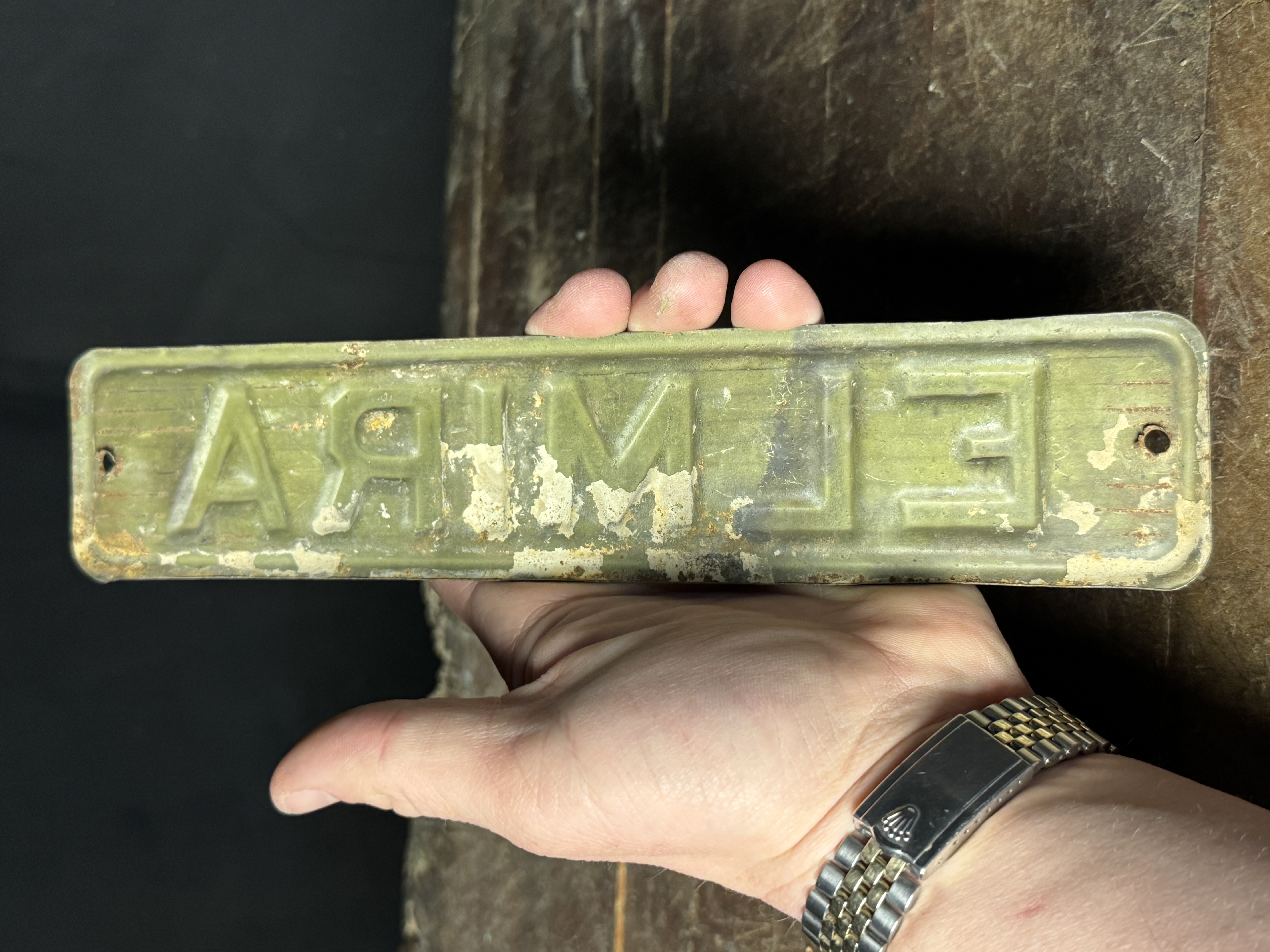 Vintage Embossed Metal Elmira Nameplate Sign